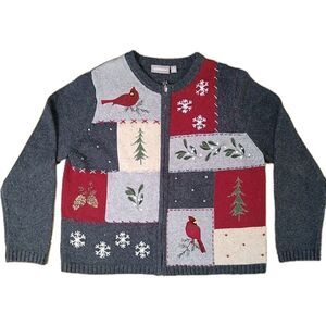 Vintage Croft & Barrow Cardigan Sweater Cardinals Embroidered Patchwork Gray MP